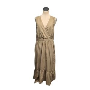 J.Crew Dress Womens 16 Tan Sleeveless V-Neck‎ Wrap Midi A-Line Ruffle Hem Cotton